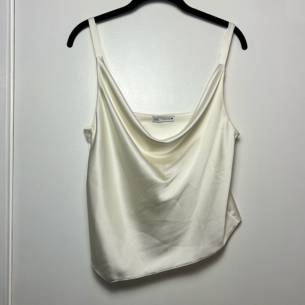 Zara Women's Satin Camisole Cropped Tank Cowl Neck - Cream - Size Small EUC